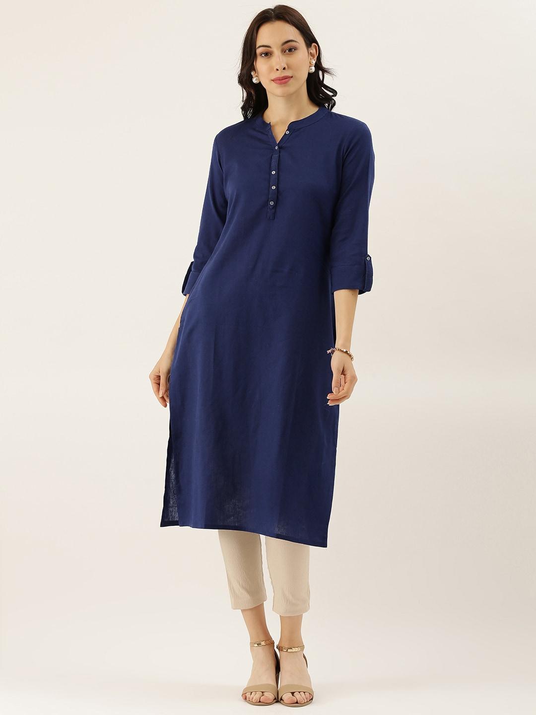 Jamal Jamaloo Blue Solid Straight Roll up Sleeve Kurti - Jamal Jamaloo