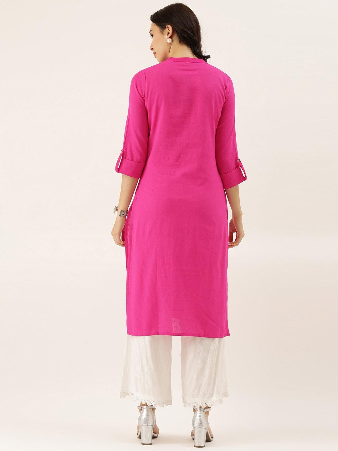Jamal Jamaloo Pink Solid Straight Roll up Sleeve Kurti - Jamal Jamaloo