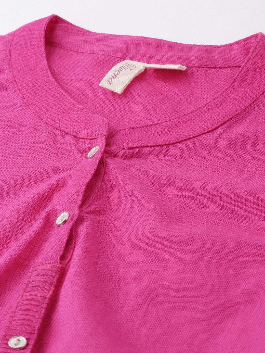 Jamal Jamaloo Pink Solid Straight Roll up Sleeve Kurti - Jamal Jamaloo