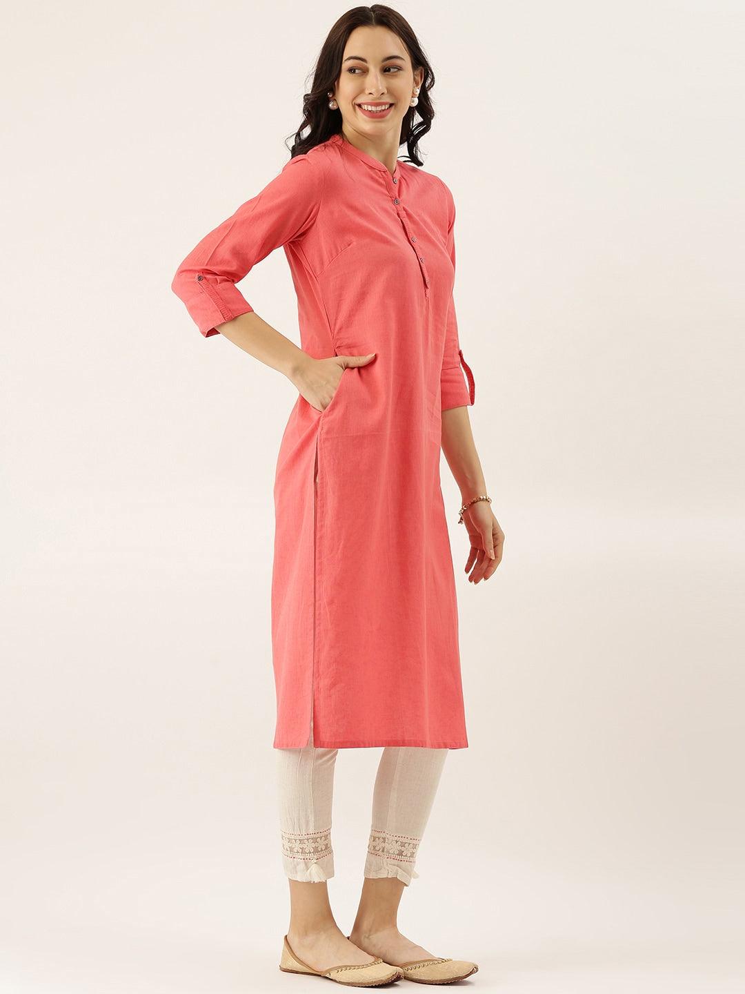 Jamal Jamaloo Peach Solid Straight Roll up Sleeve Kurti - Jamal Jamaloo