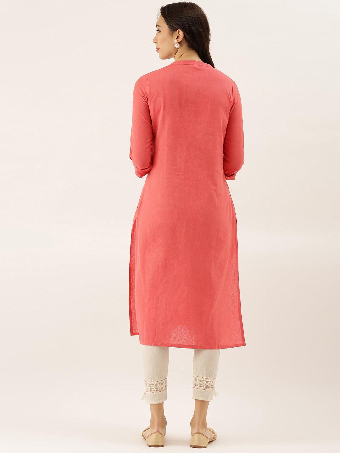 Jamal Jamaloo Peach Solid Straight Roll up Sleeve Kurti - Jamal Jamaloo