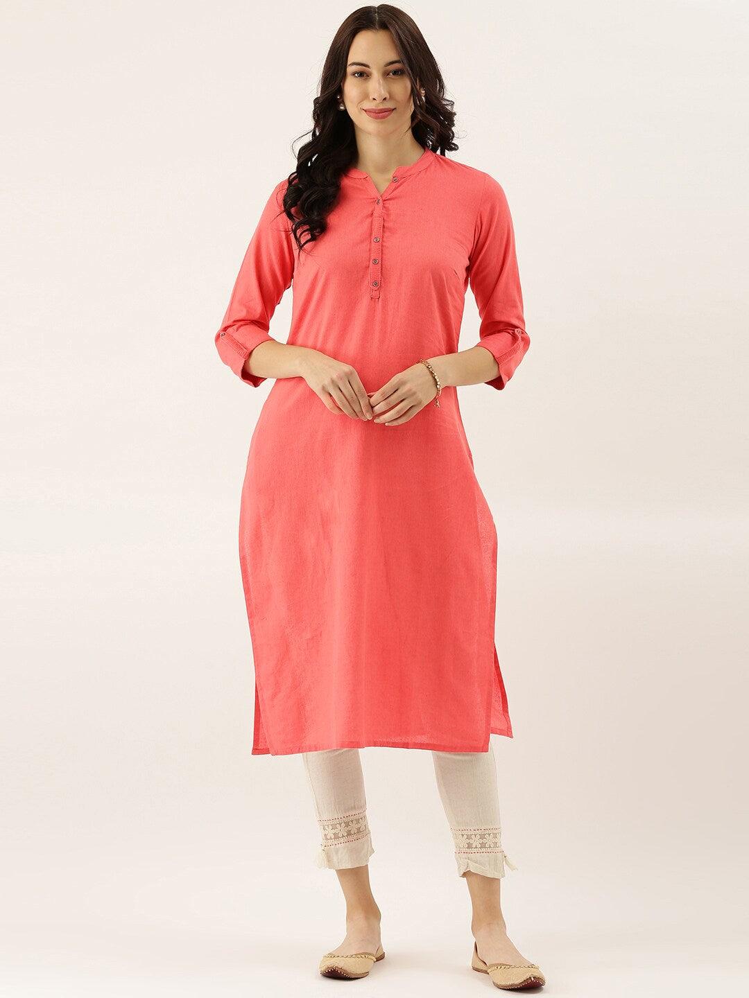 Jamal Jamaloo Peach Solid Straight Roll up Sleeve Kurti - Jamal Jamaloo