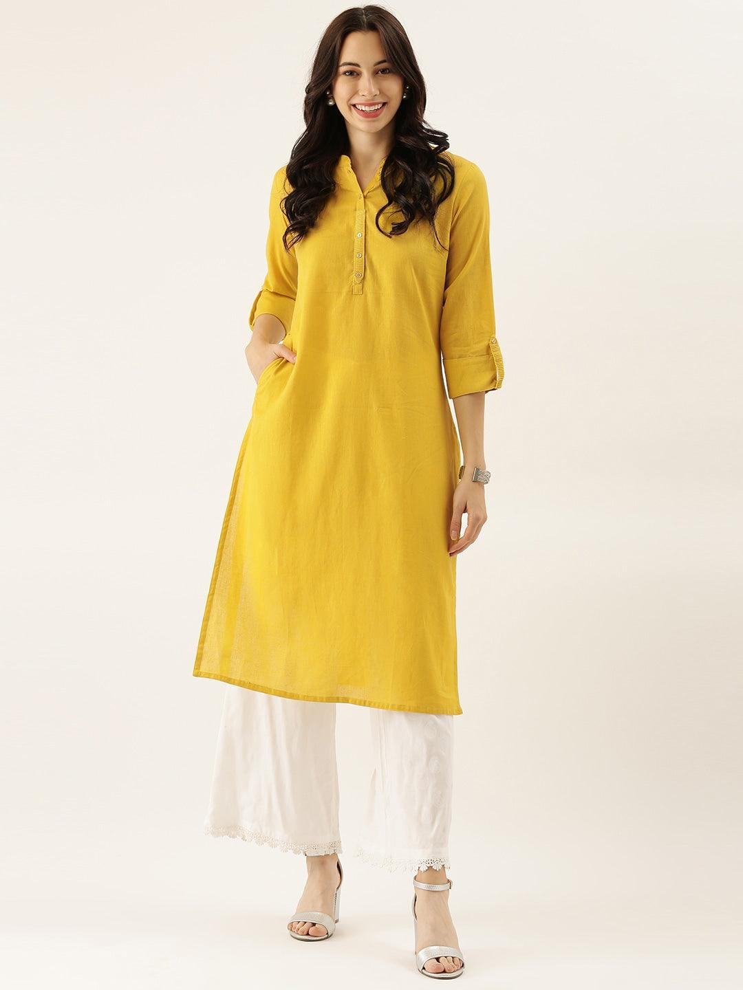 Jamal Jamaloo Yellow Solid Straight Roll up Sleeve Kurti - Jamal Jamaloo