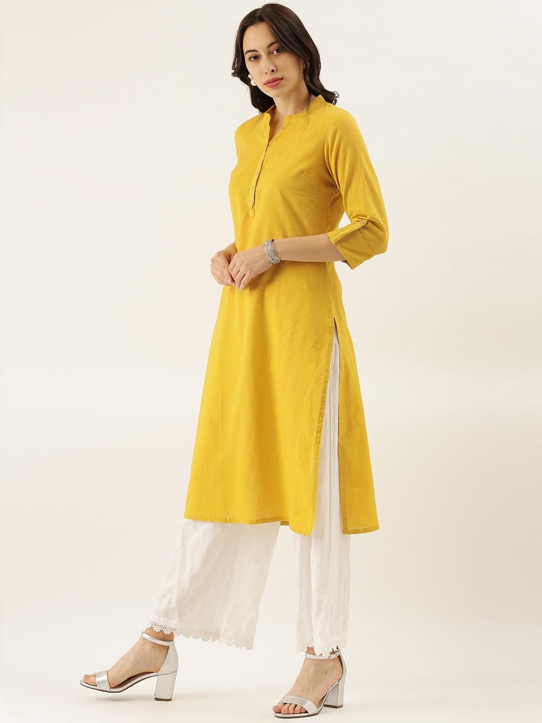 Jamal Jamaloo Yellow Solid Straight Roll up Sleeve Kurti - Jamal Jamaloo