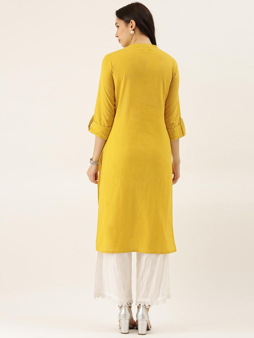 Jamal Jamaloo Yellow Solid Straight Roll up Sleeve Kurti - Jamal Jamaloo
