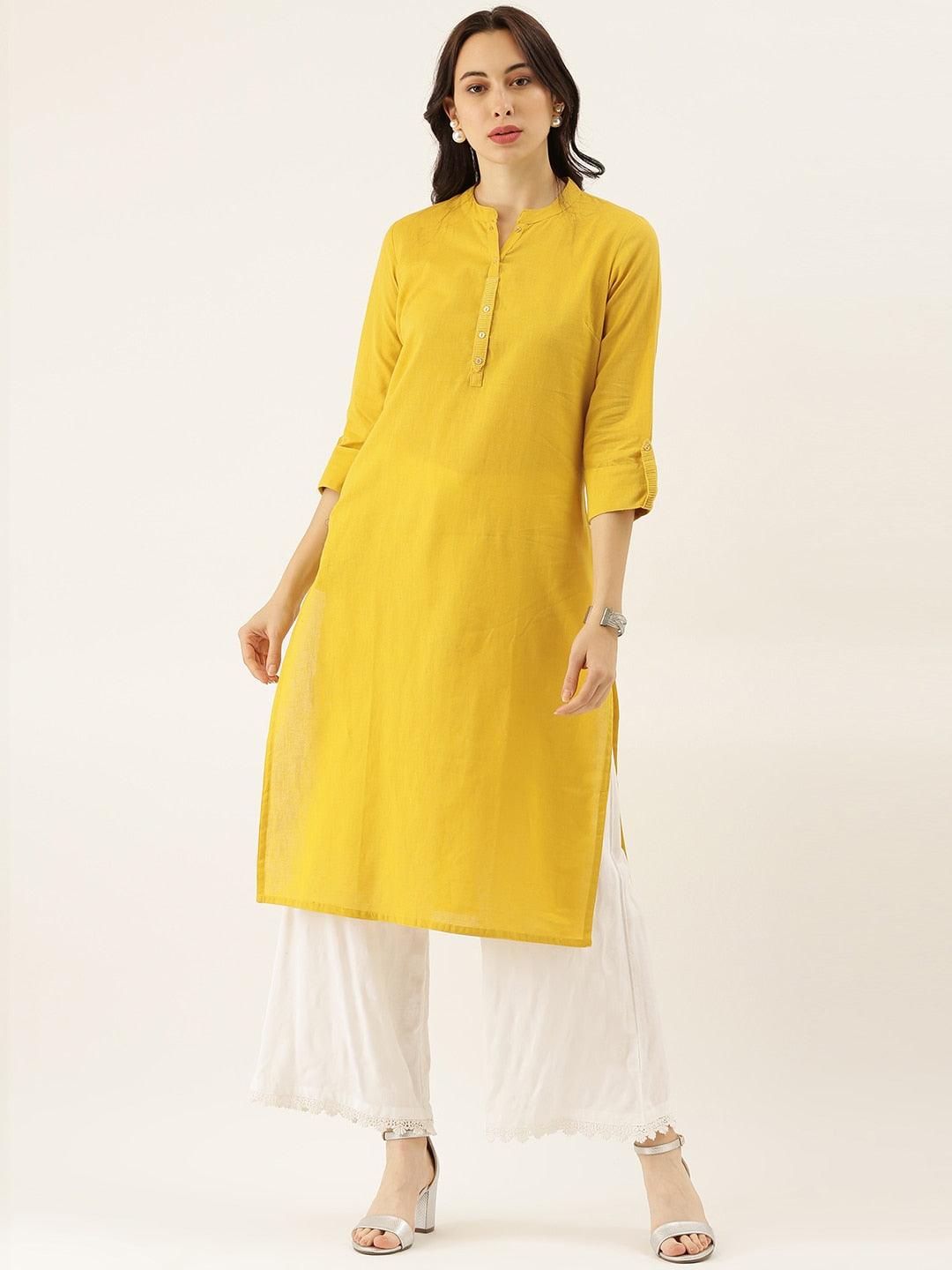 Jamal Jamaloo Yellow Solid Straight Roll up Sleeve Kurti - Jamal Jamaloo