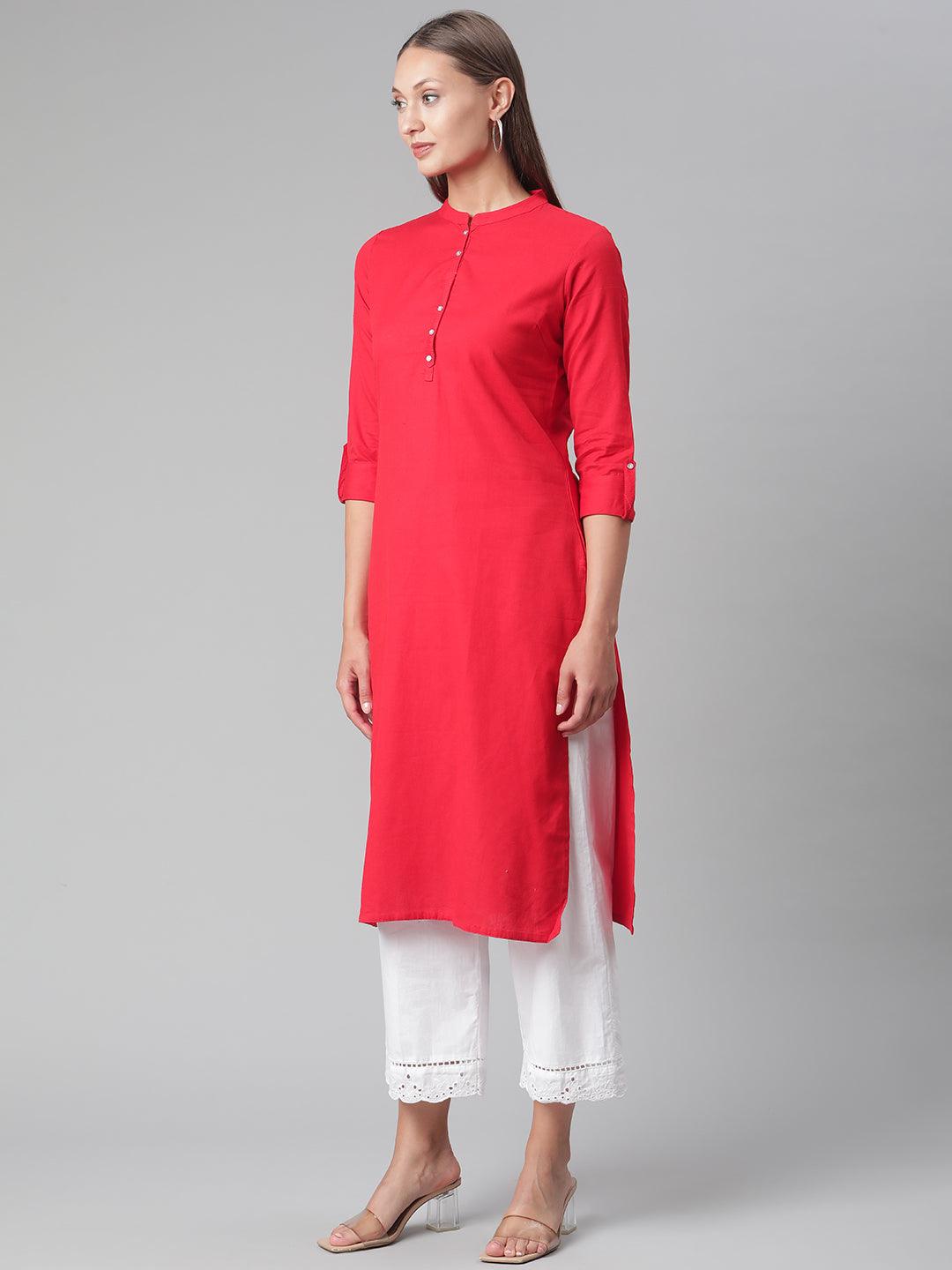 Jamal Jamaloo Red Cotton Straight Kurti - Jamal Jamaloo