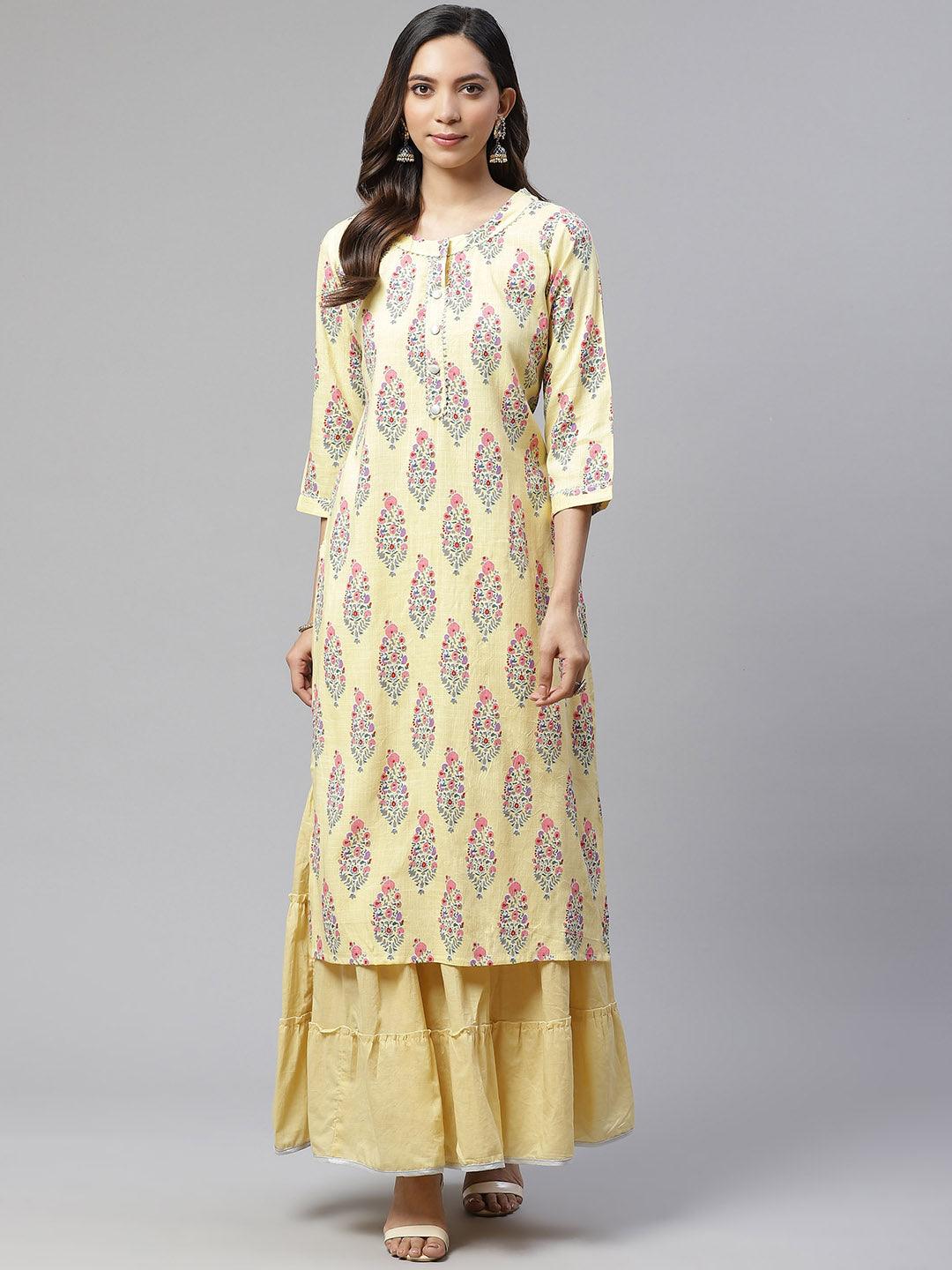 Jamal Jamaloo Yellow Rayon Printed Kurti Sharara Set - Jamal Jamaloo