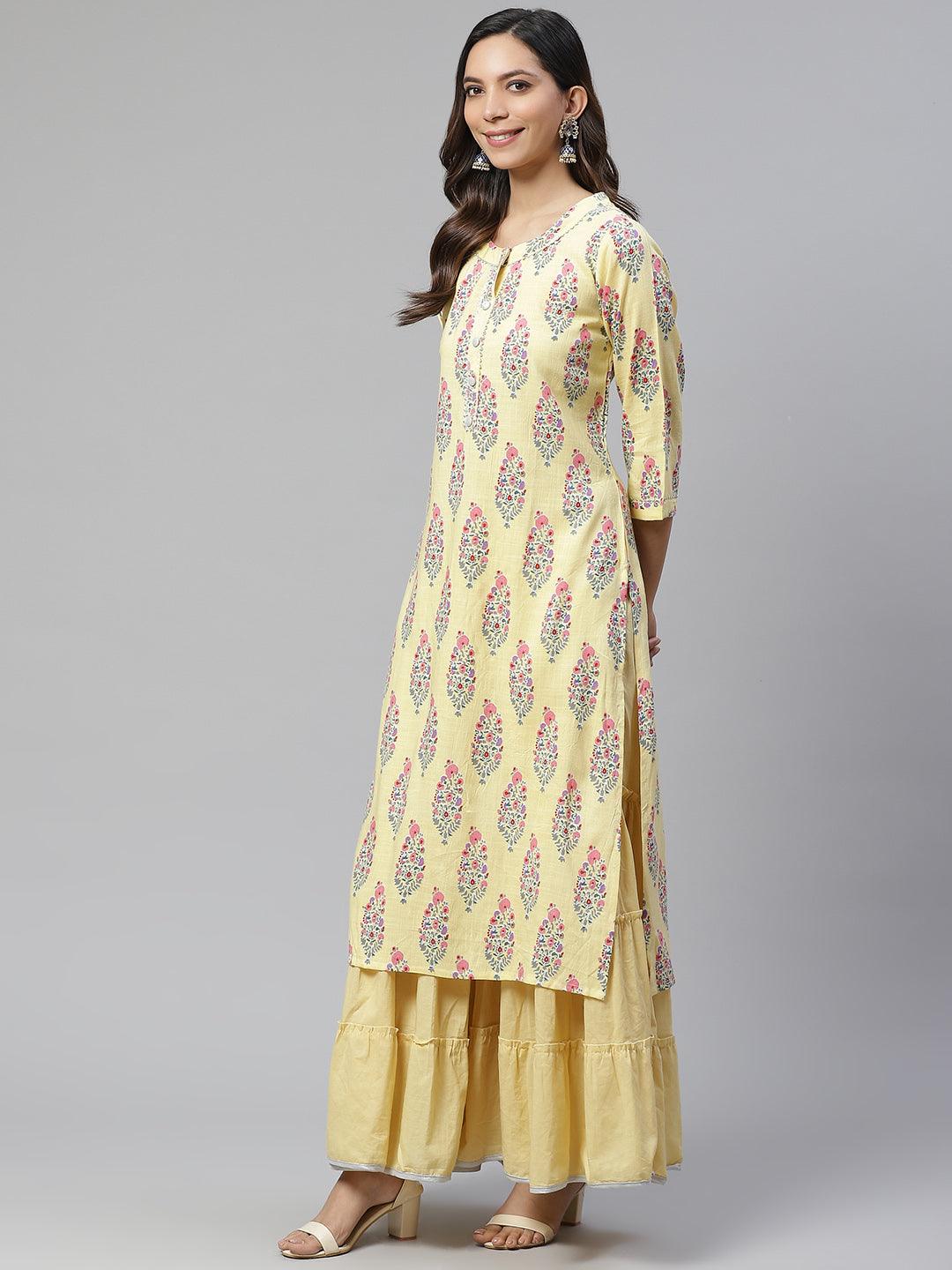 Jamal Jamaloo Yellow Rayon Printed Kurti Sharara Set - Jamal Jamaloo