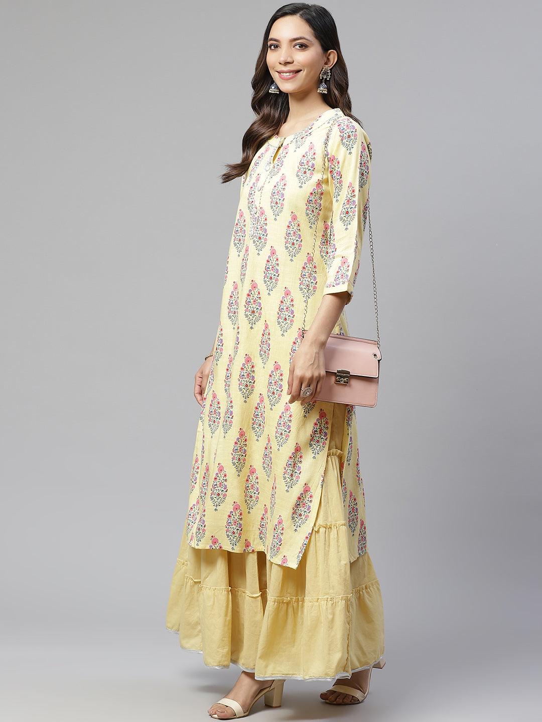 Jamal Jamaloo Yellow Rayon Printed Kurti Sharara Set - Jamal Jamaloo