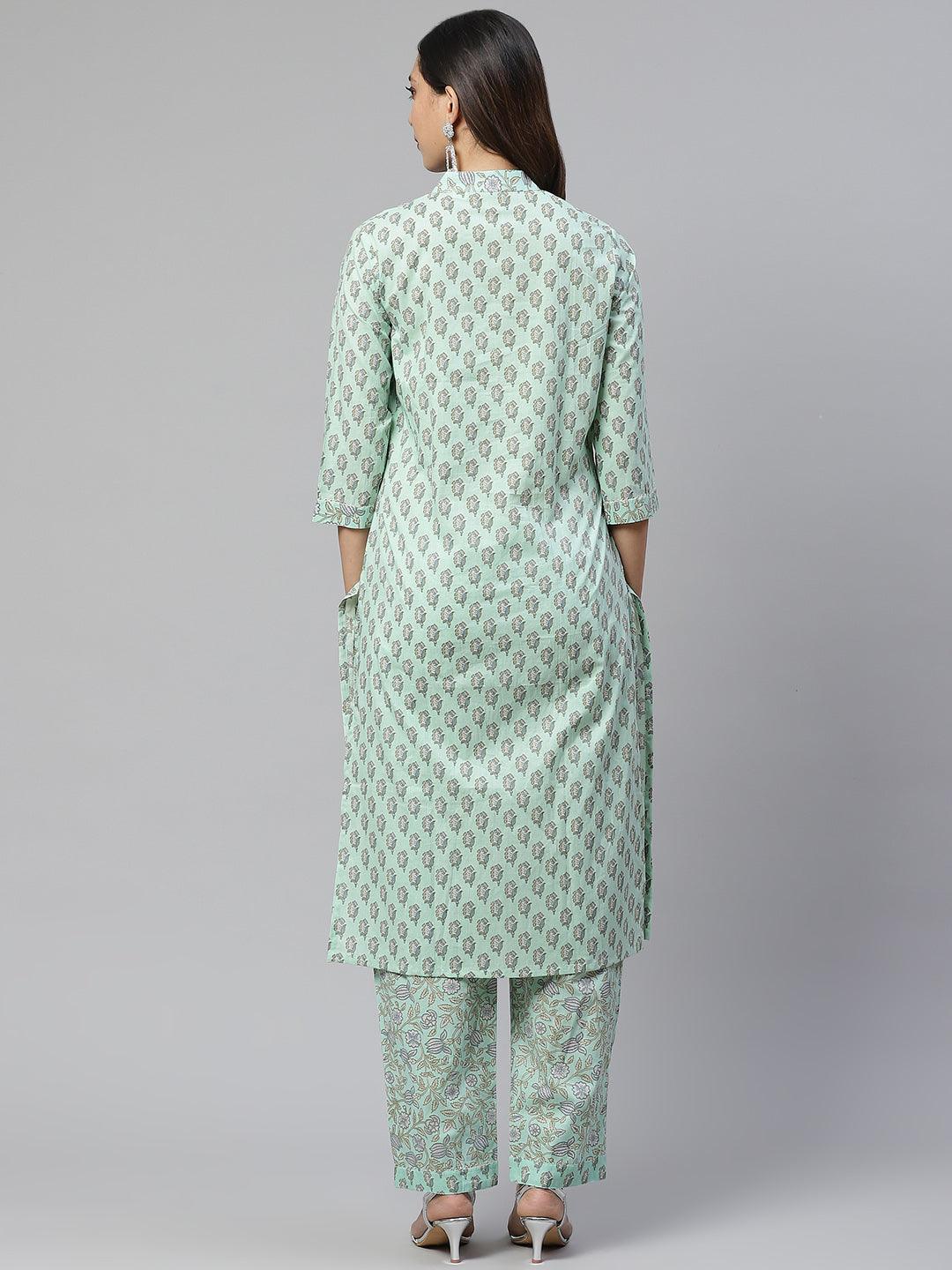 Jamal Jamaloo Sea Green Cotton Printed Kurti Pant Set - Jamal Jamaloo