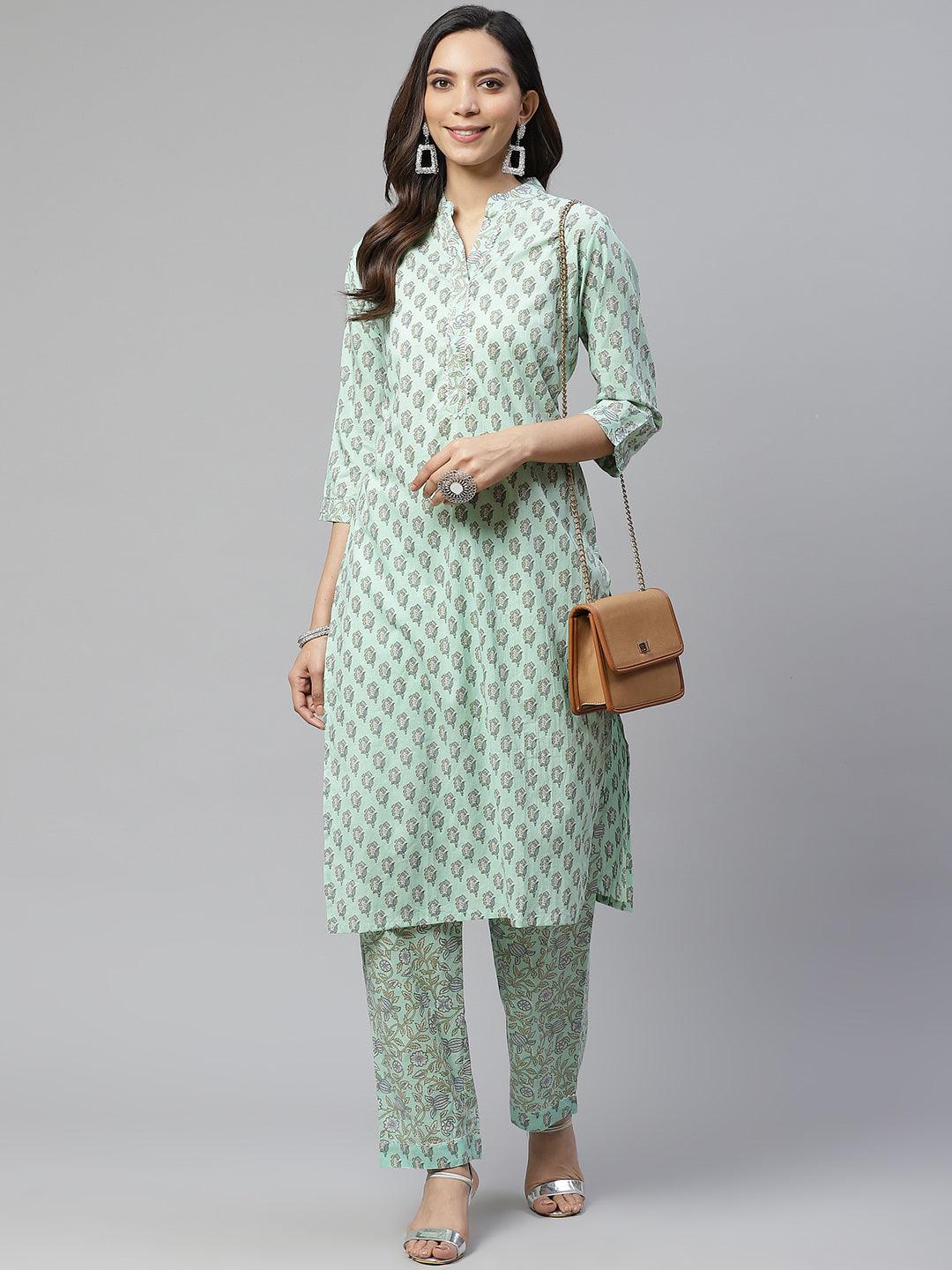 Jamal Jamaloo Sea Green Cotton Printed Kurti Pant Set - Jamal Jamaloo