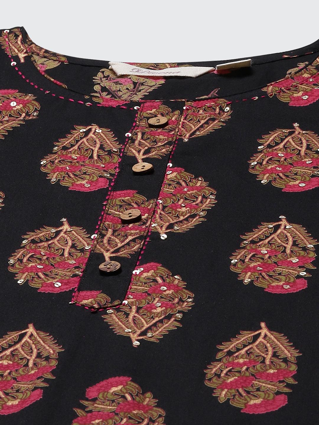 Jamal Jamaloo Black Floral Print Cotton Straight Kurta - Jamal Jamaloo