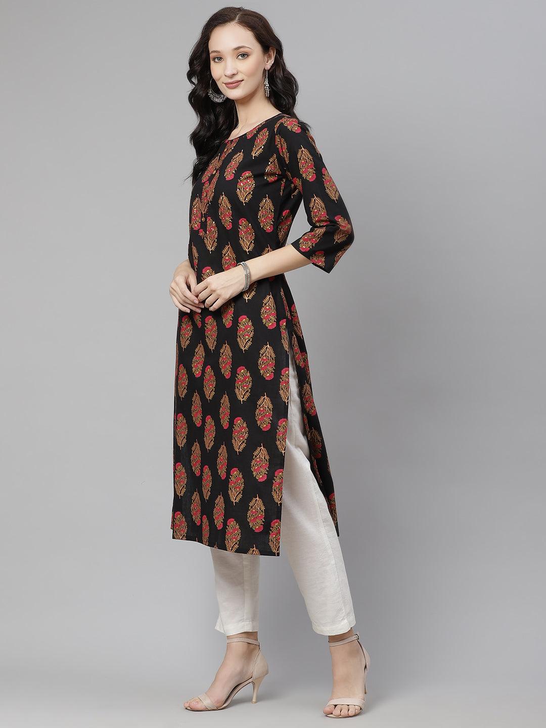Jamal Jamaloo Black Floral Print Cotton Straight Kurta - Jamal Jamaloo