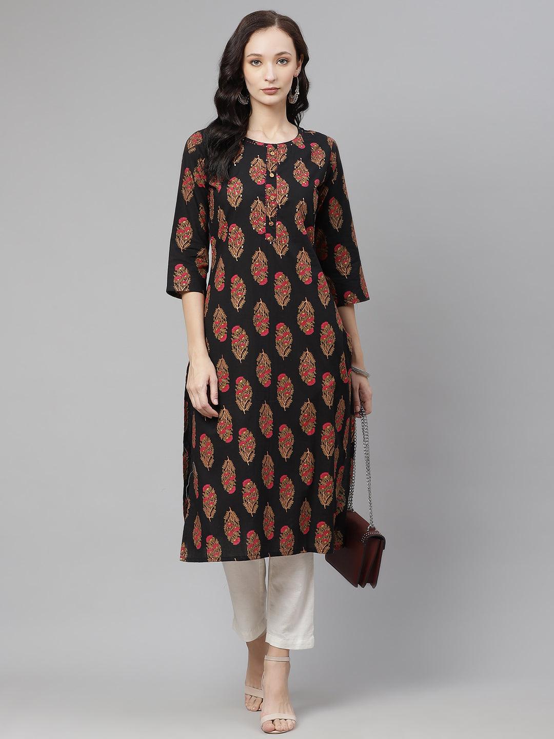 Jamal Jamaloo Black Floral Print Cotton Straight Kurta - Jamal Jamaloo