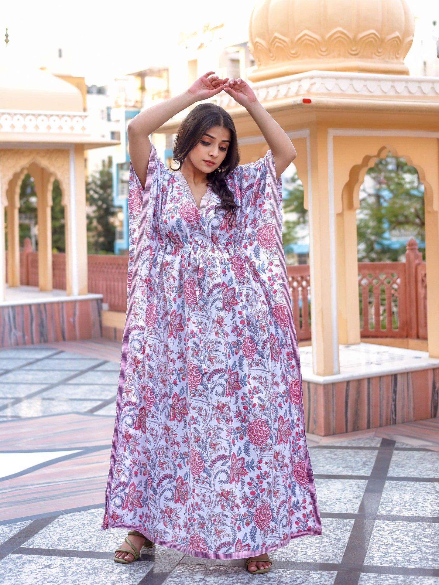 Jamal Jamaloo White And Pink Floral Print Kaftan - Jamal Jamalooworld.com
