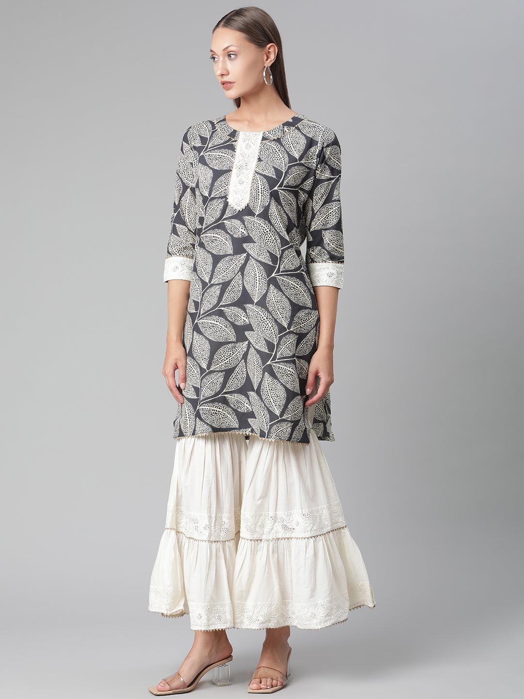 Jamal Jamaloo Printred Cotton Kurta Set With Sharara And Dupatta - Jamal Jamaloo