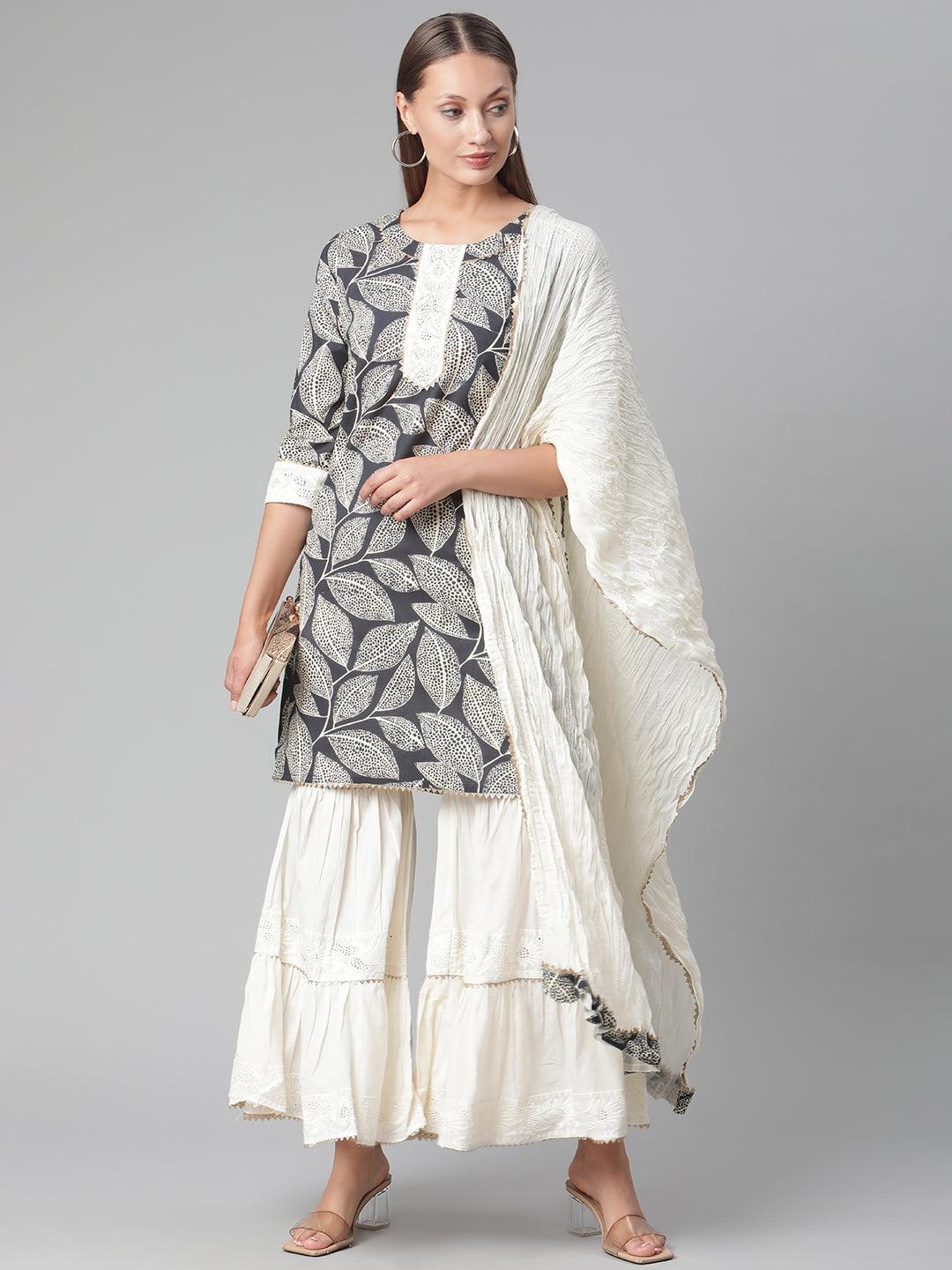 Jamal Jamaloo Printred Cotton Kurta Set With Sharara And Dupatta - Jamal Jamaloo