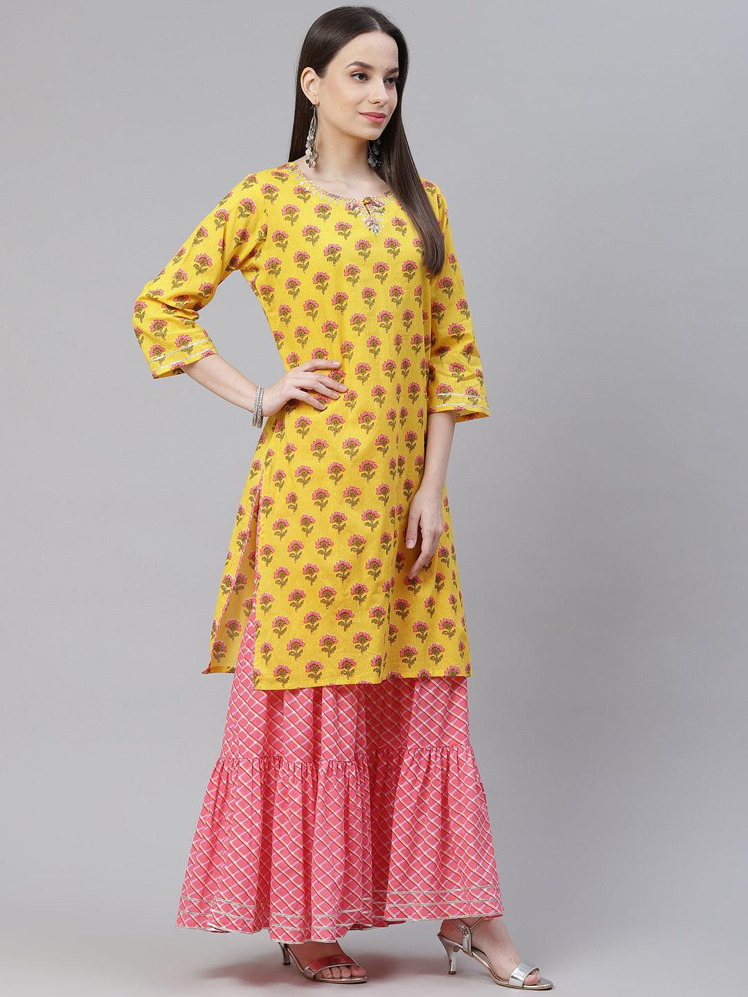 Jamal Jamaloo Yellow Printed Kurta with Lahariya Sharara and Ruffled Dupatta Set - Jamal Jamaloo