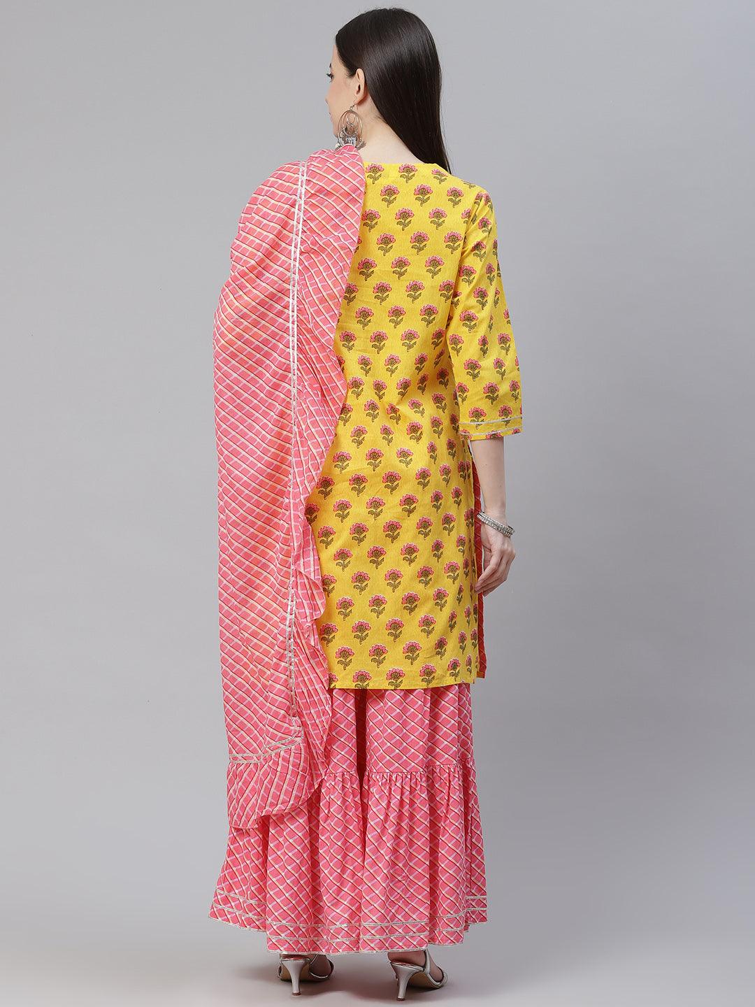 Jamal Jamaloo Yellow Printed Kurta with Lahariya Sharara and Ruffled Dupatta Set - Jamal Jamaloo