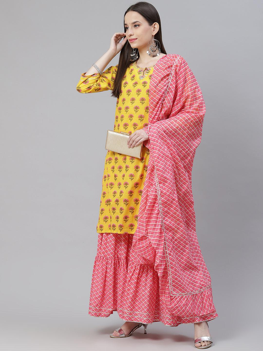 Jamal Jamaloo Yellow Printed Kurta with Lahariya Sharara and Ruffled Dupatta Set - Jamal Jamaloo