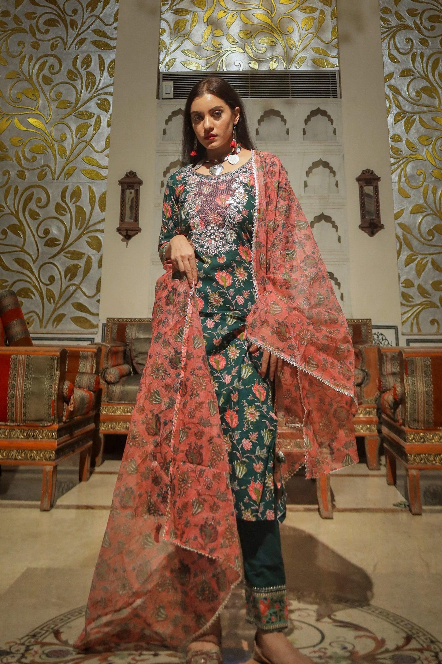 Jamal Jamaloo Green Floral Printed Kurta Pant Set with Dupatta - Jamal Jamalooworld.com