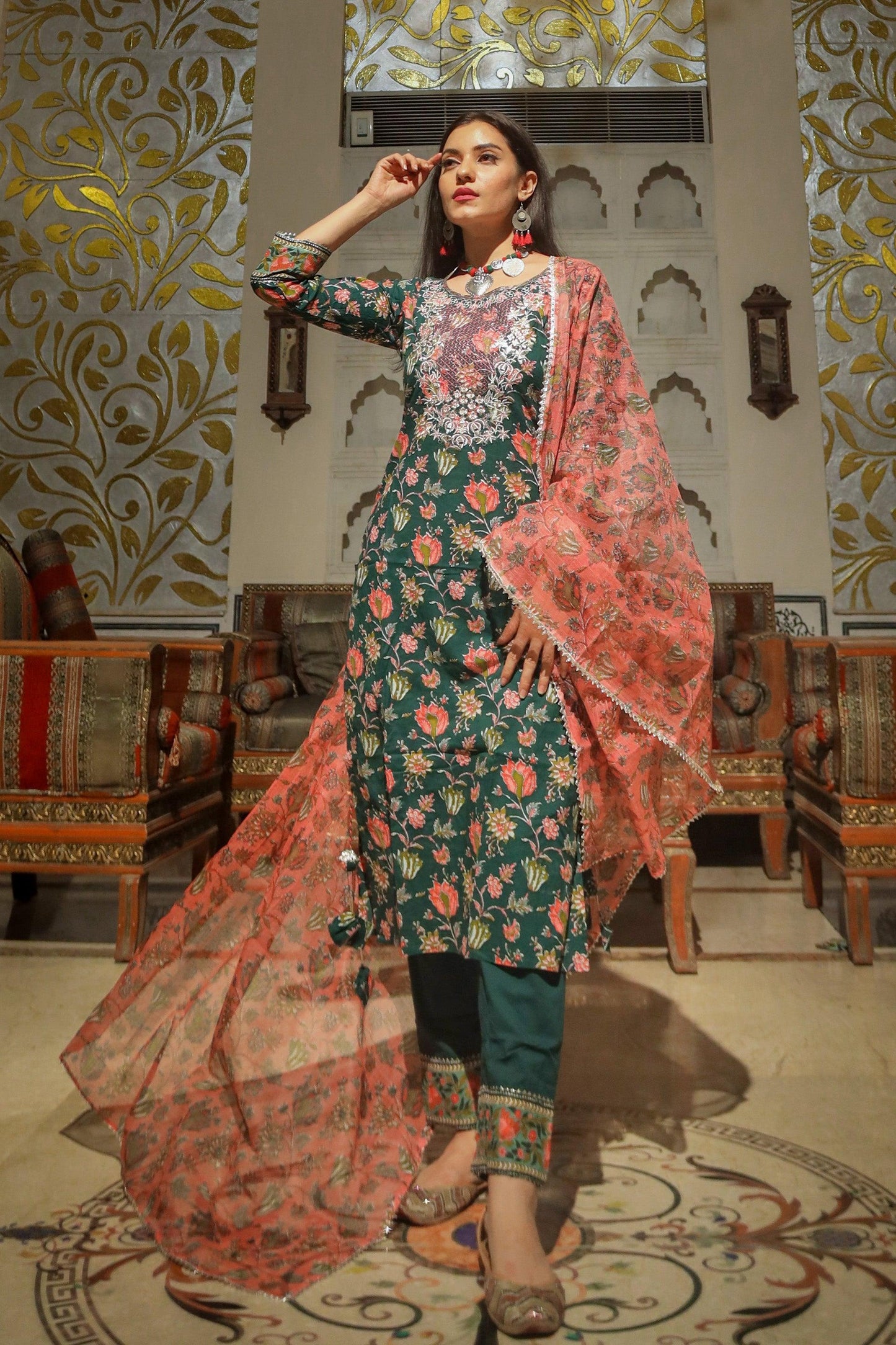 Jamal Jamaloo Green Floral Printed Kurta Pant Set with Dupatta - Jamal Jamalooworld.com