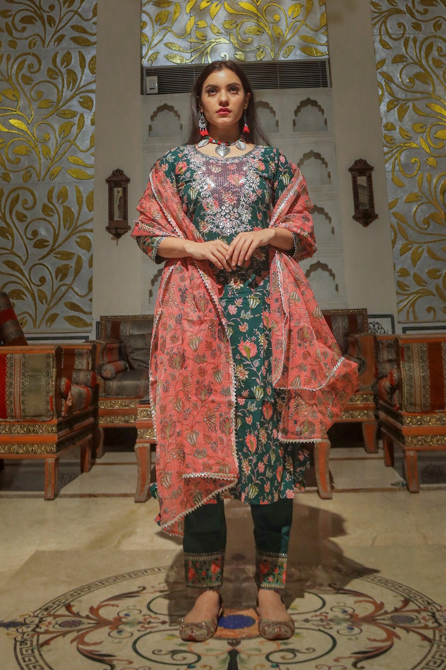 Jamal Jamaloo Green Floral Printed Kurta Pant Set with Dupatta - Jamal Jamalooworld.com