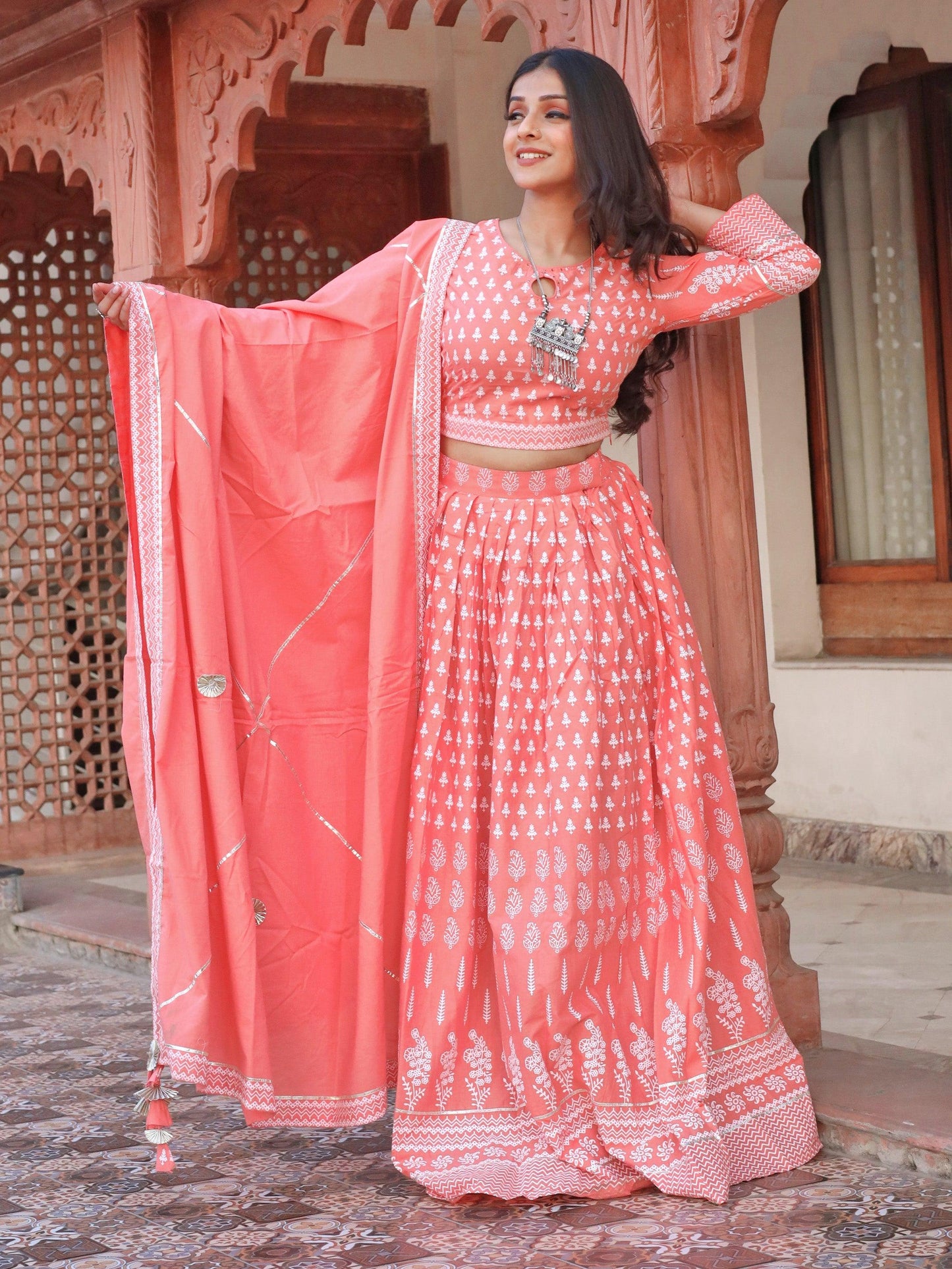 Jamal Jamaloo Pink Printed Crop Top, lehenga with Dupatta set - Jamal Jamalooworld.com