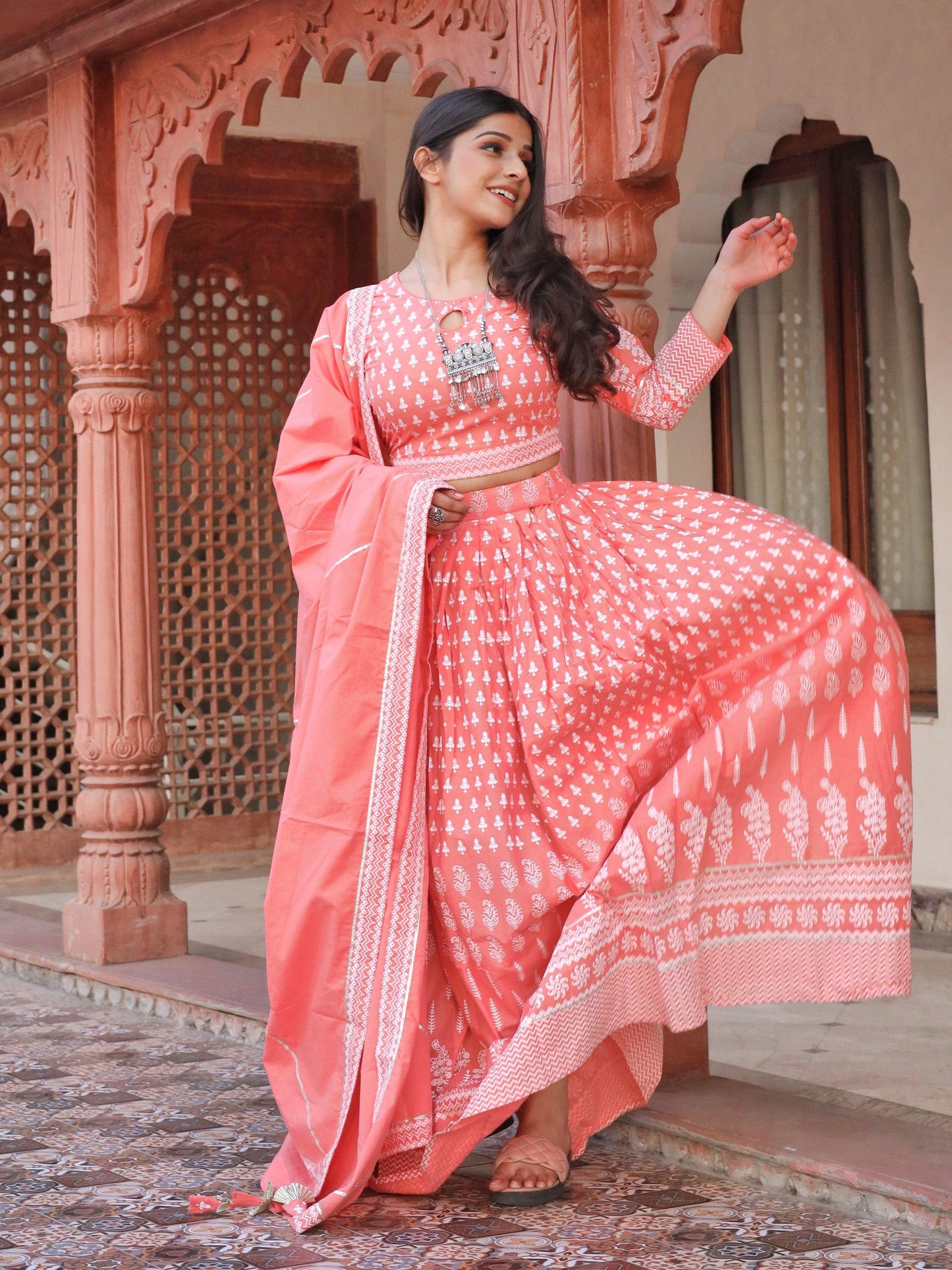 Jamal Jamaloo Pink Printed Crop Top, lehenga with Dupatta set - Jamal Jamalooworld.com