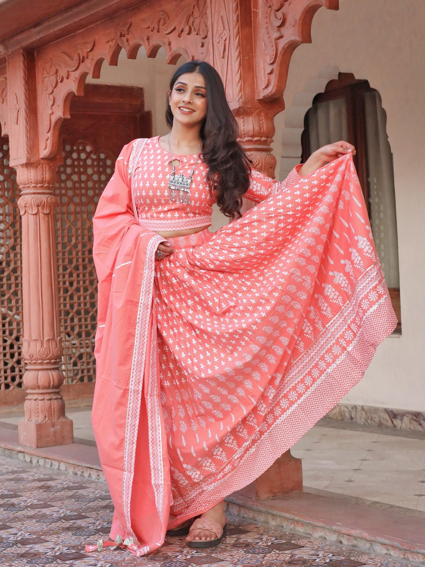 Jamal Jamaloo Pink Printed Crop Top, lehenga with Dupatta set - Jamal Jamalooworld.com