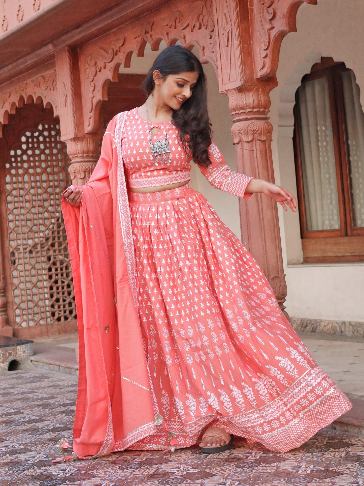Jamal Jamaloo Pink Printed Crop Top, lehenga with Dupatta set - Jamal Jamalooworld.com