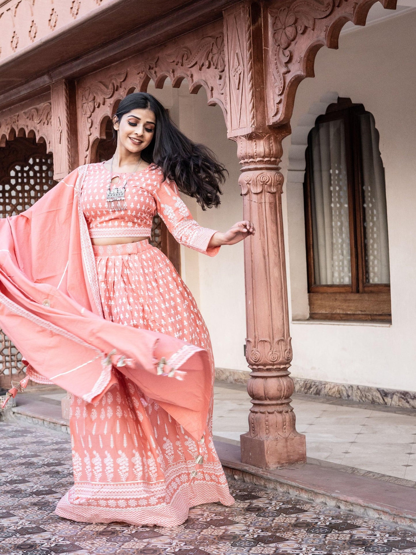 Jamal Jamaloo Pink Printed Crop Top, lehenga with Dupatta set - Jamal Jamalooworld.com
