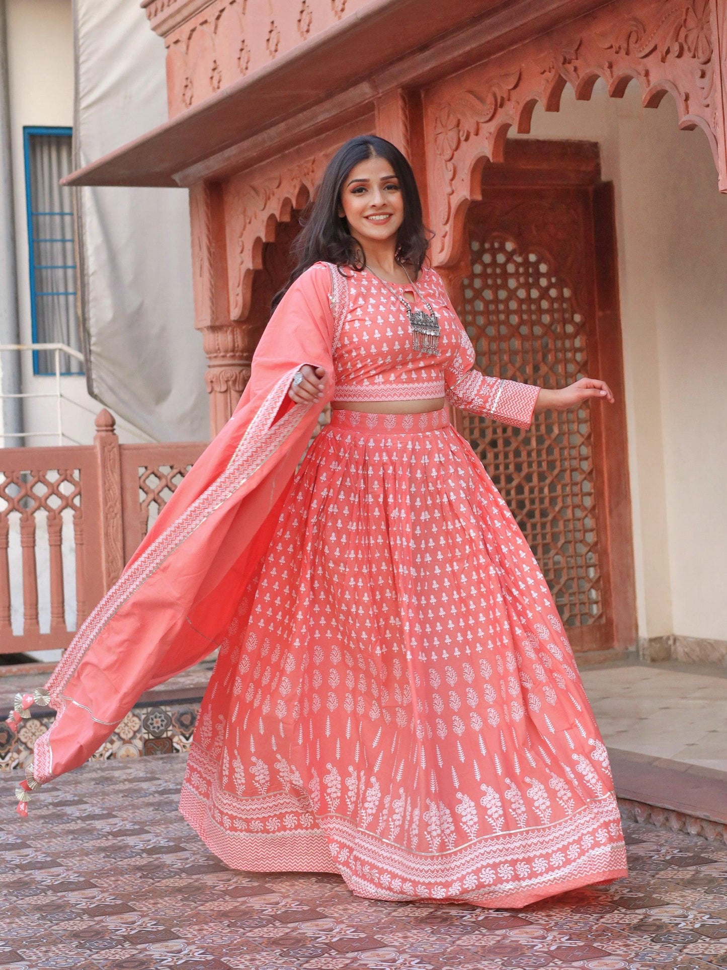 Jamal Jamaloo Pink Printed Crop Top, lehenga with Dupatta set - Jamal Jamalooworld.com