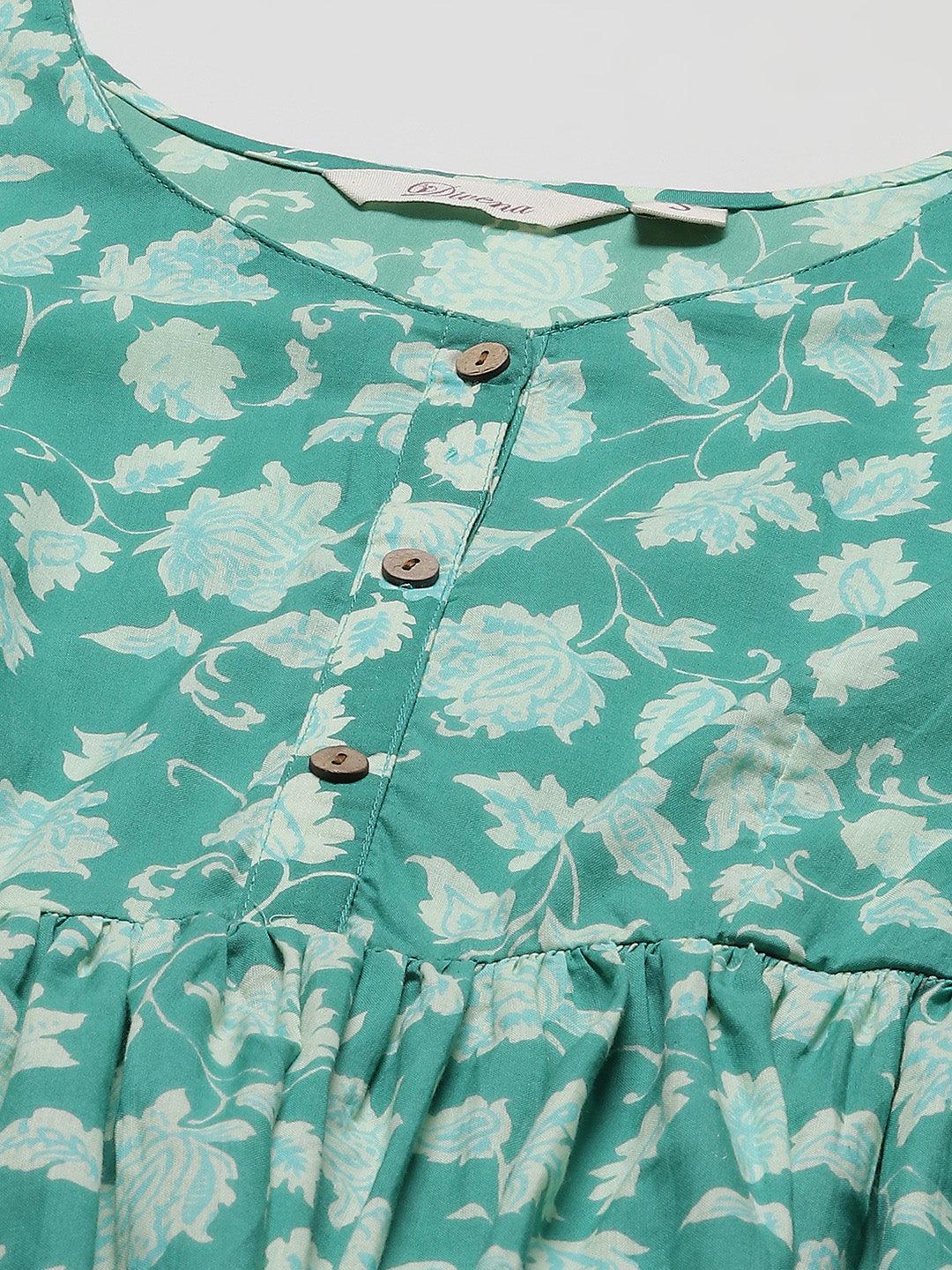 Jamal Jamaloo Sea green Floral Printed Peplum Cotton top - Jamal Jamaloo