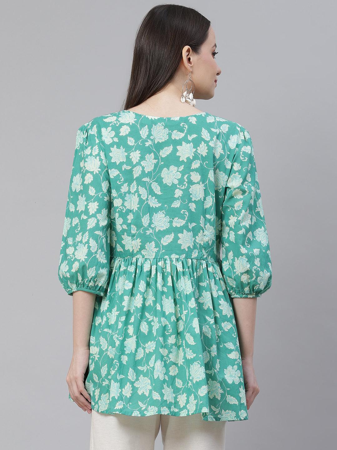 Jamal Jamaloo Sea green Floral Printed Peplum Cotton top - Jamal Jamaloo