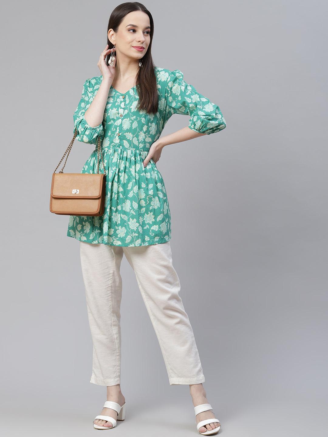 Jamal Jamaloo Sea green Floral Printed Peplum Cotton top - Jamal Jamaloo