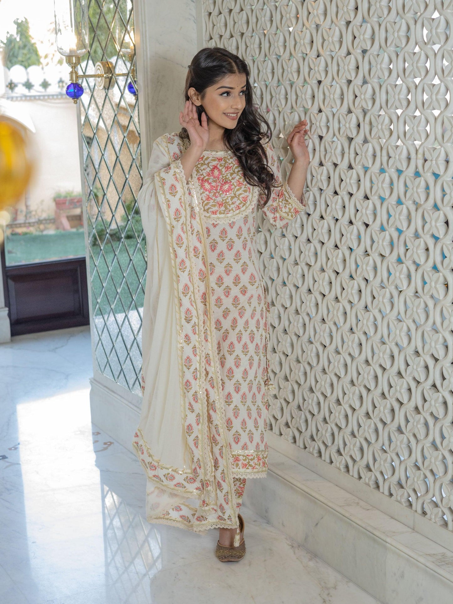 Jamal Jamaloo Off white Cotton Straight Kurta Pant set with Dupatta - Jamal Jamalooworld.com
