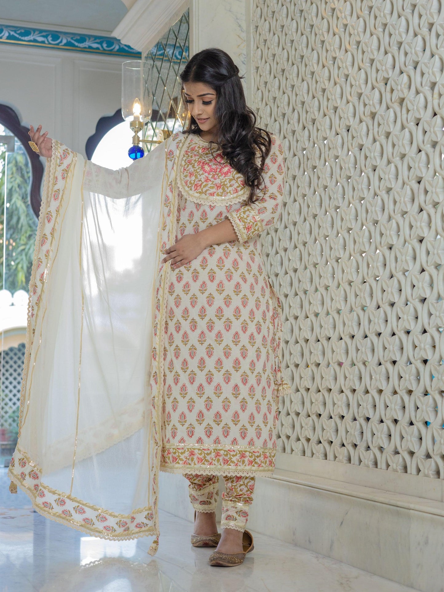 Jamal Jamaloo Off white Cotton Straight Kurta Pant set with Dupatta - Jamal Jamalooworld.com
