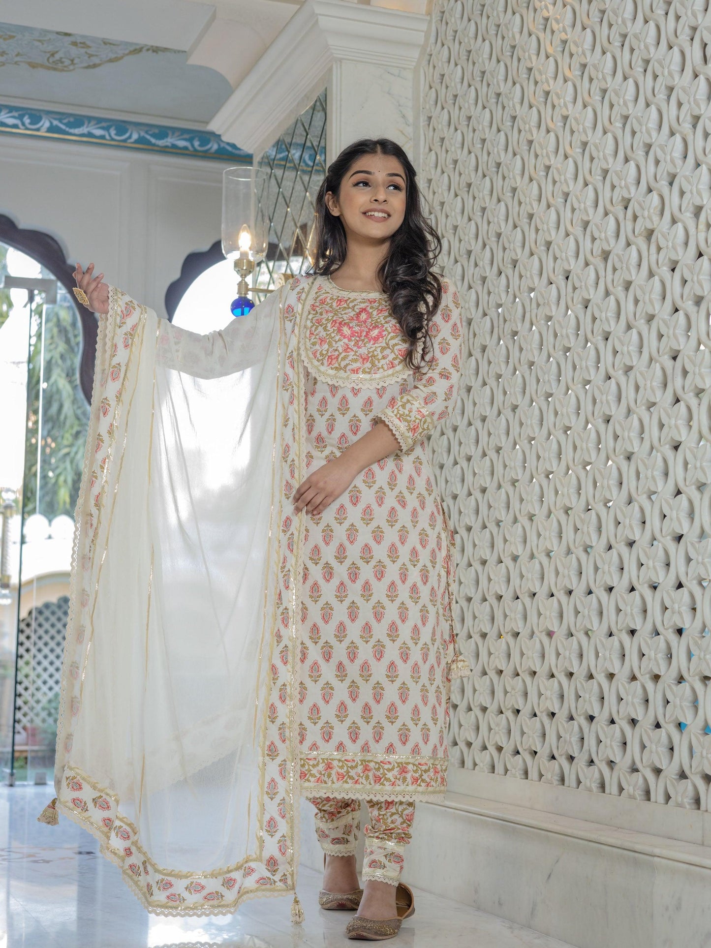 Jamal Jamaloo Off white Cotton Straight Kurta Pant set with Dupatta - Jamal Jamalooworld.com