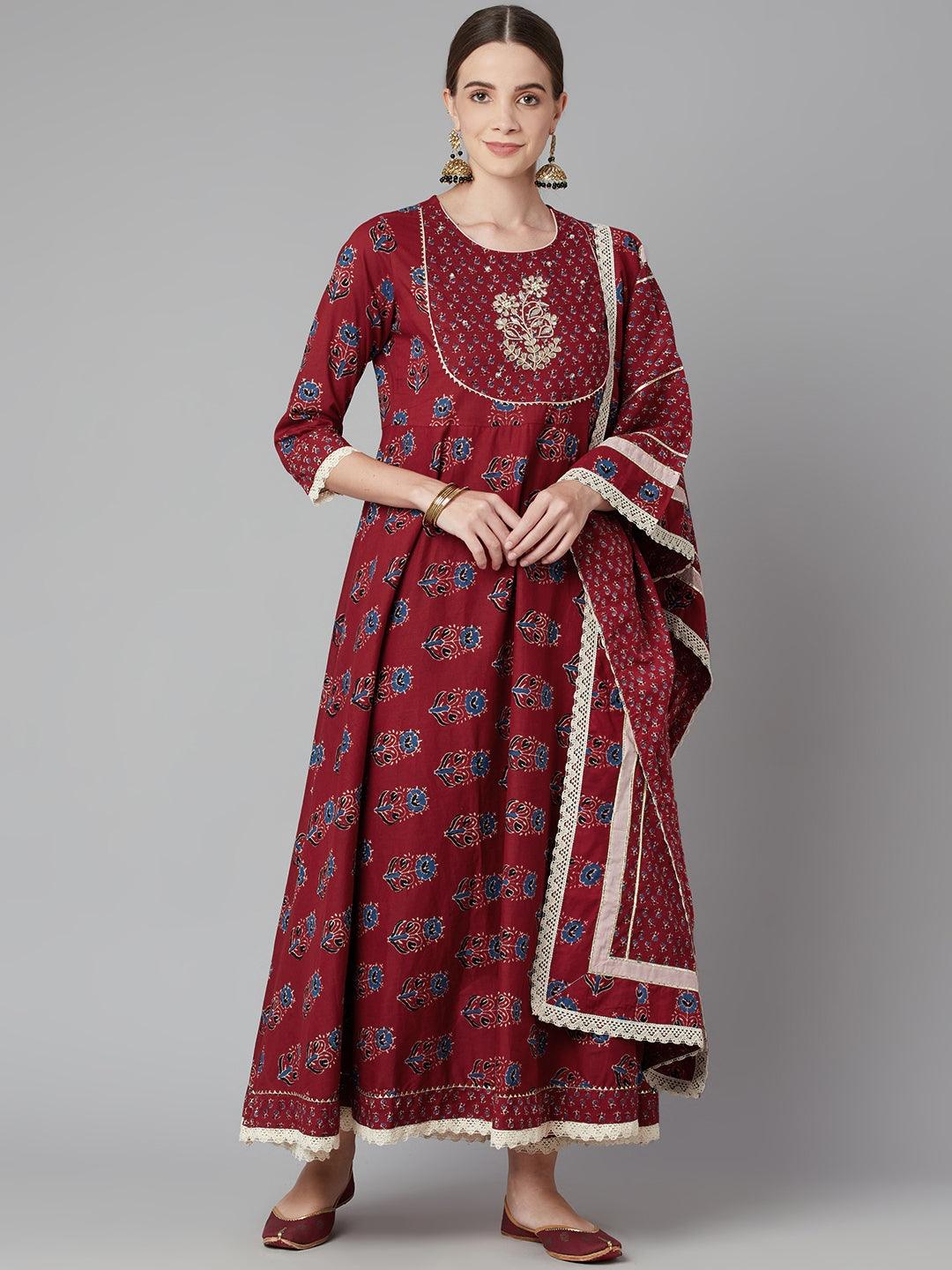 Jamal Jamaloo Red Floral Anarkali Cotton Kurta pant set with dupatta - Jamal Jamaloo