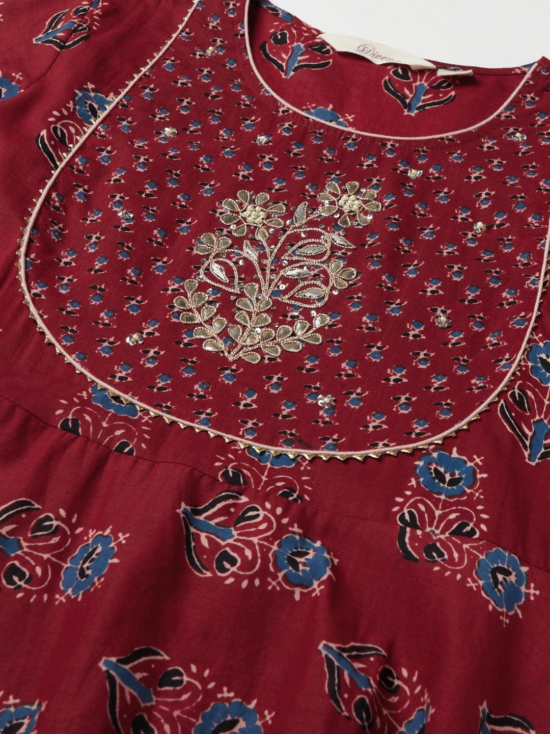 Jamal Jamaloo Red Floral Anarkali Cotton Kurta pant set with dupatta - Jamal Jamaloo