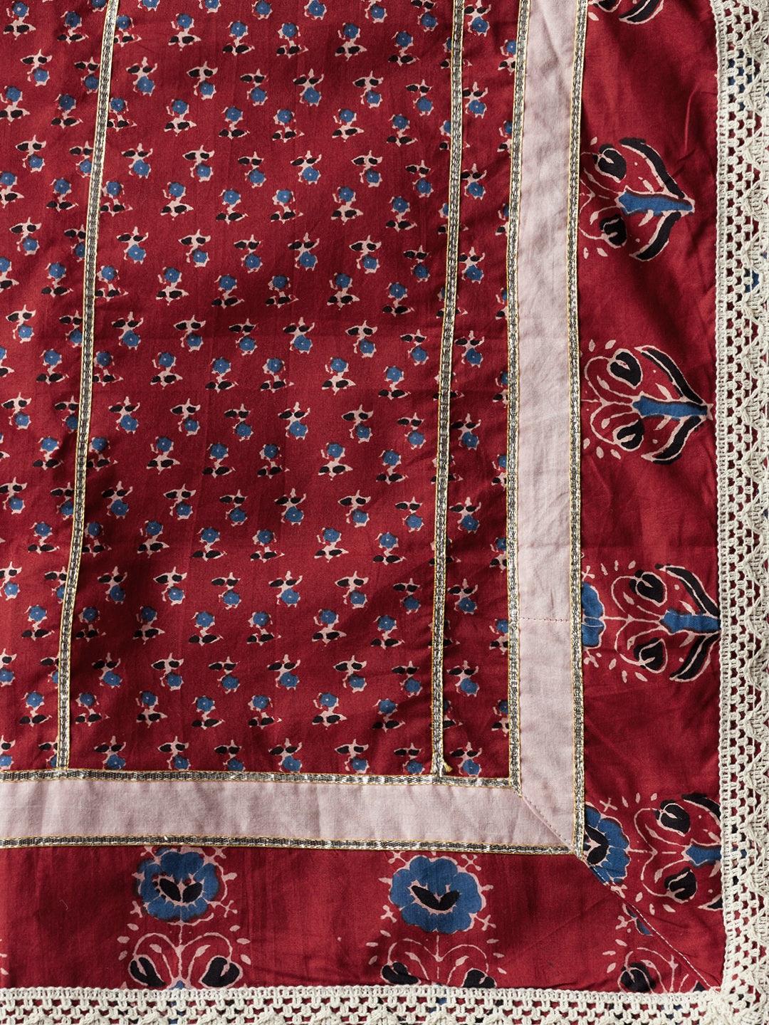 Jamal Jamaloo Red Floral Anarkali Cotton Kurta pant set with dupatta - Jamal Jamaloo