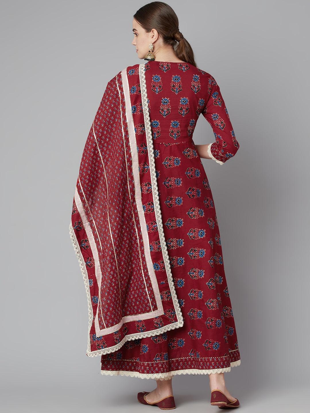 Jamal Jamaloo Red Floral Anarkali Cotton Kurta pant set with dupatta - Jamal Jamaloo