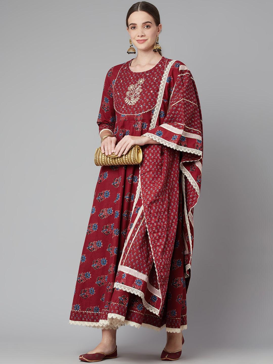Jamal Jamaloo Red Floral Anarkali Cotton Kurta pant set with dupatta - Jamal Jamaloo