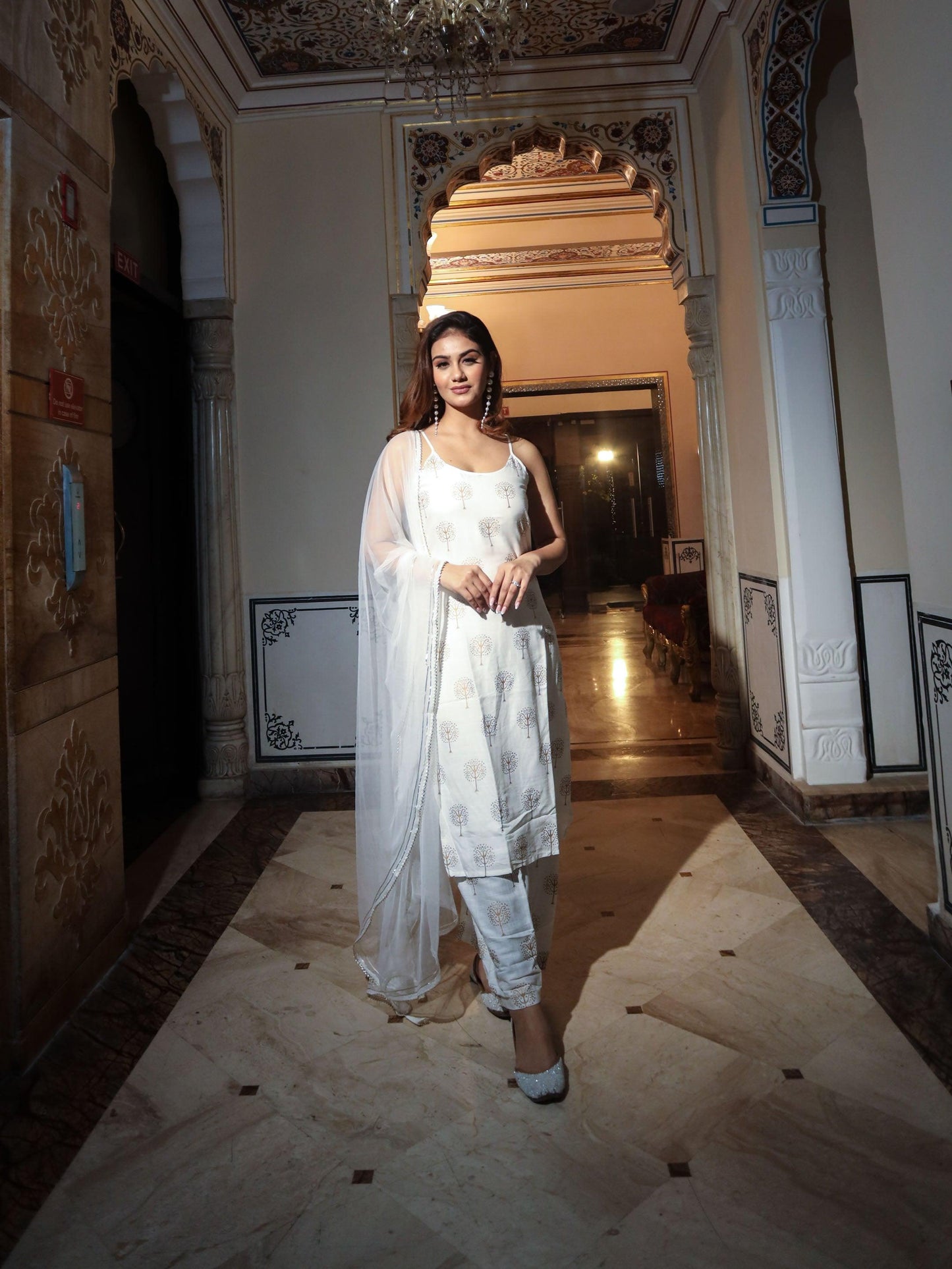 Jamal Jamaloo white shoulder strip Kurta Palazoo set with net Dupatta - Jamal Jamalooworld.com