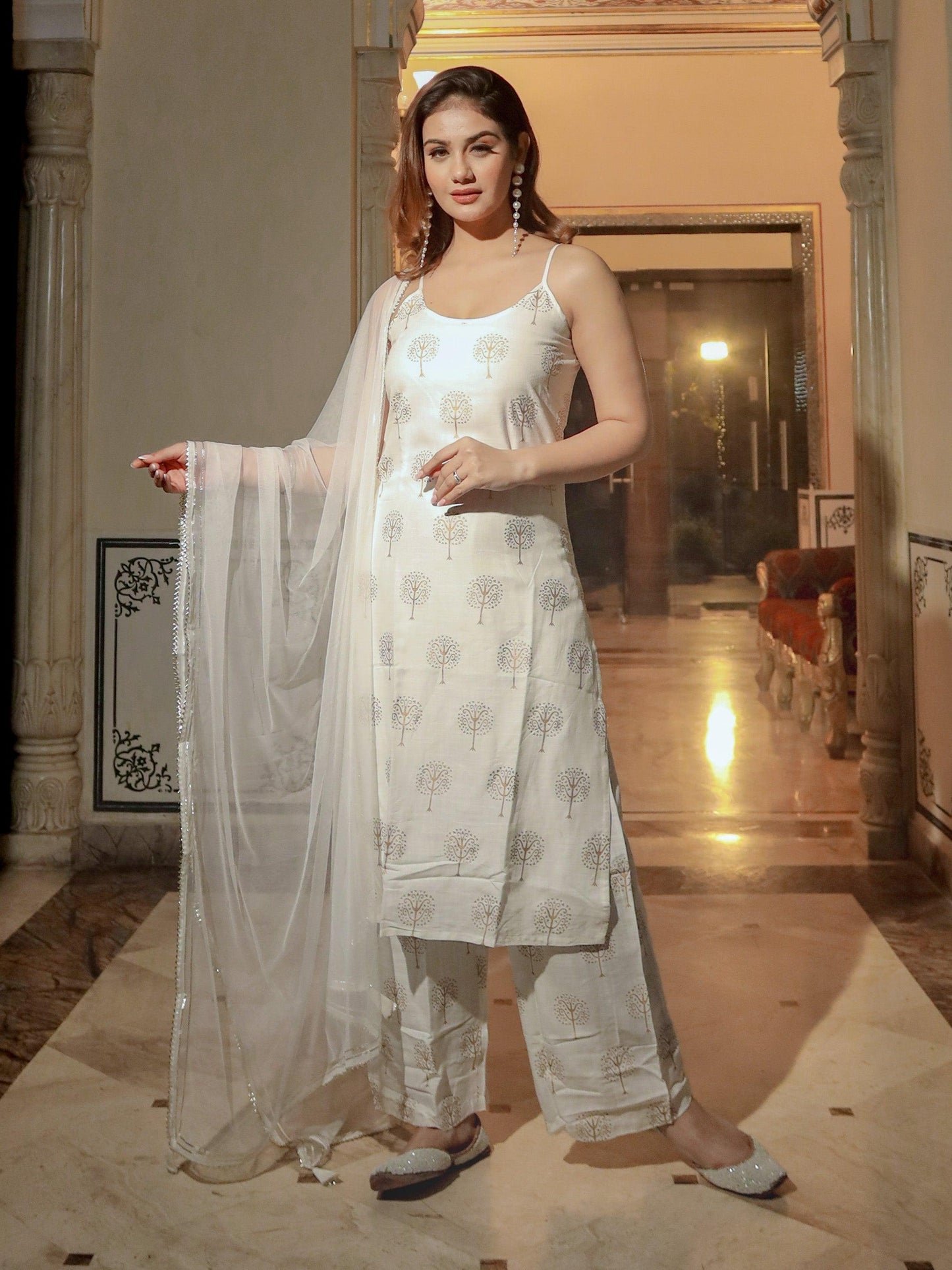 Jamal Jamaloo white shoulder strip Kurta Palazoo set with net Dupatta - Jamal Jamalooworld.com