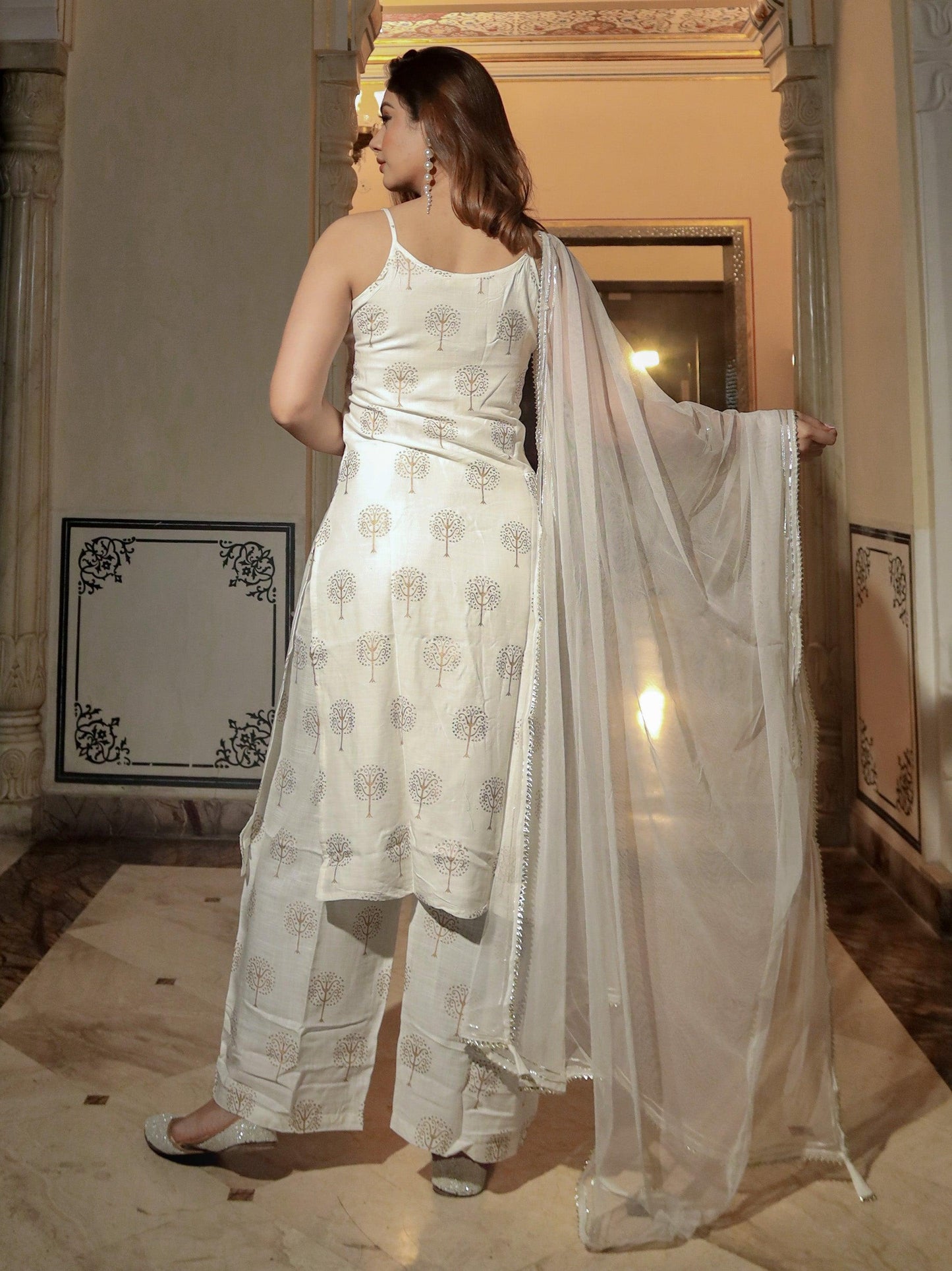 Jamal Jamaloo white shoulder strip Kurta Palazoo set with net Dupatta - Jamal Jamalooworld.com
