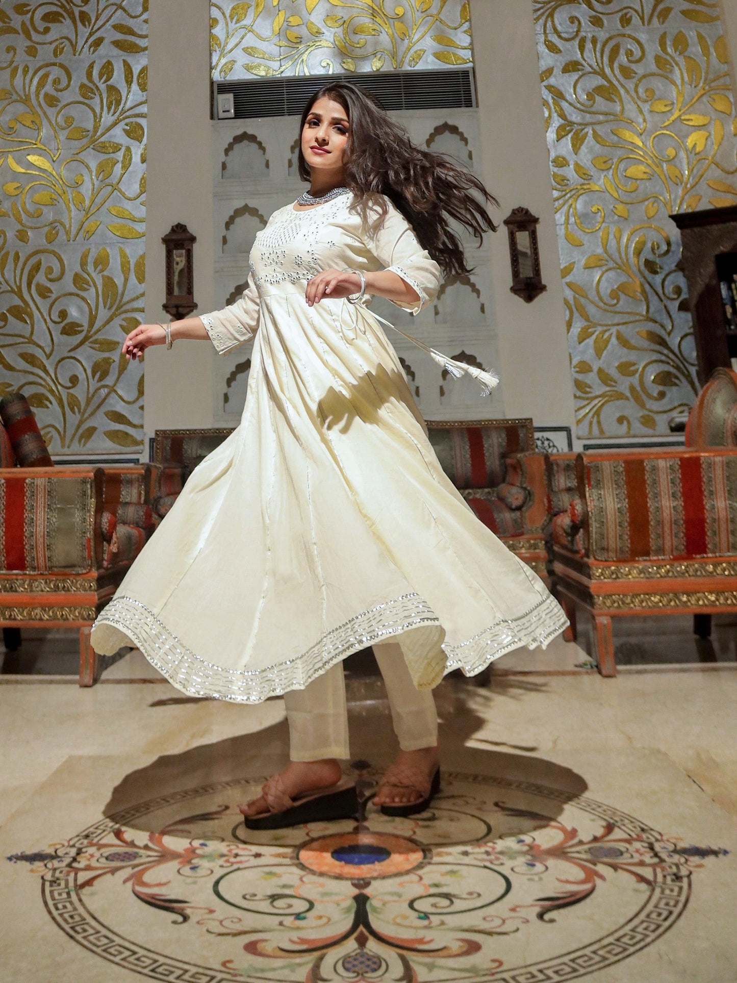 Jamal Jamaloo Off White Cotton Anarkali kurta Pant Set - Jamal Jamalooworld.com