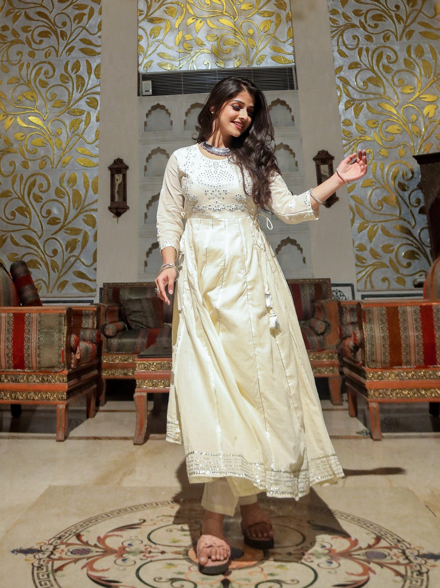 Jamal Jamaloo Off White Cotton Anarkali kurta Pant Set - Jamal Jamalooworld.com
